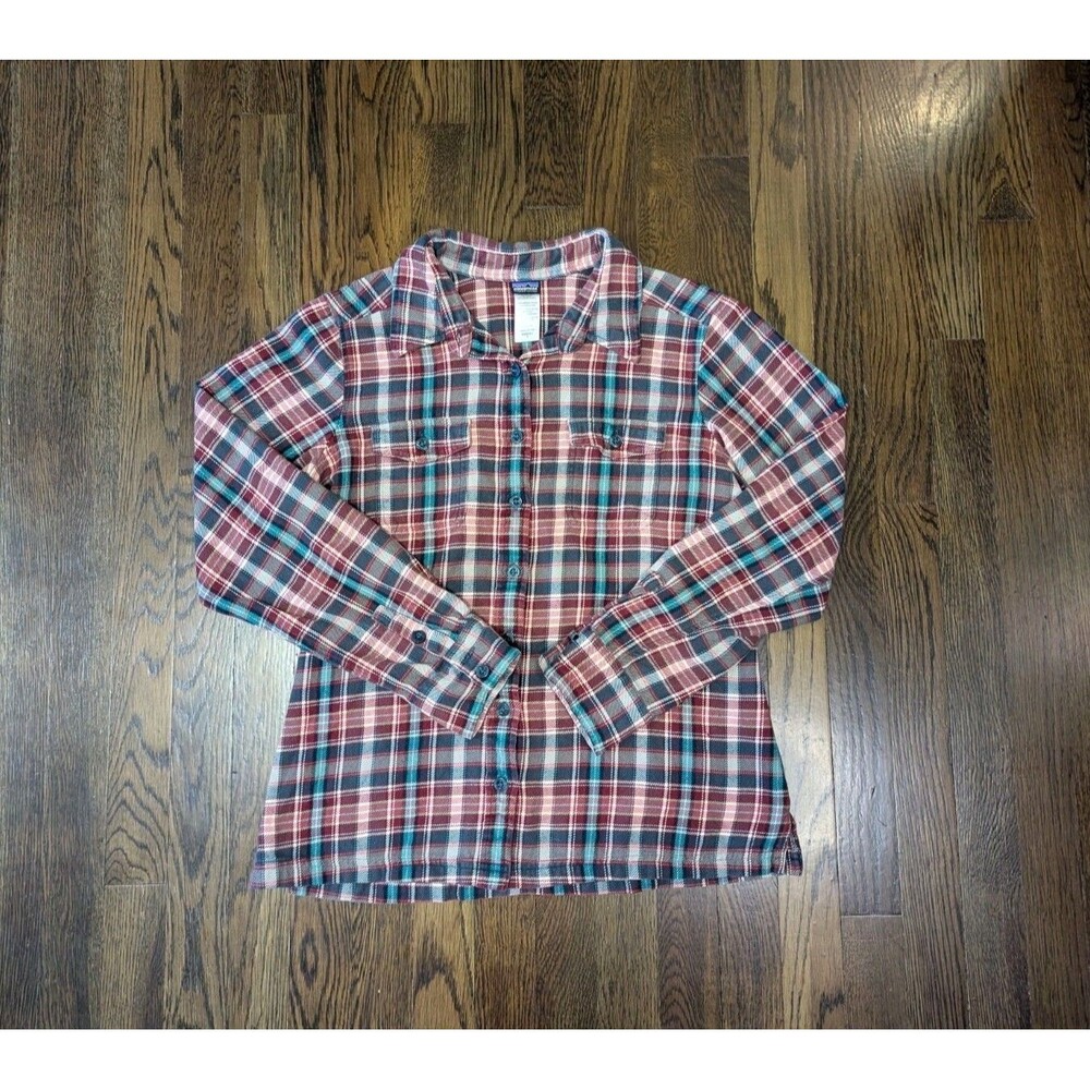 Patagonia Fjord Flannel Shirt Womens S Plaid Burgundy Green Teal Organic Cotton